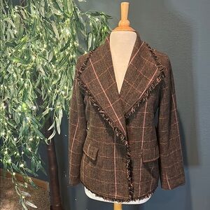 Chic Brown Plaid Blazer with Pink Accents